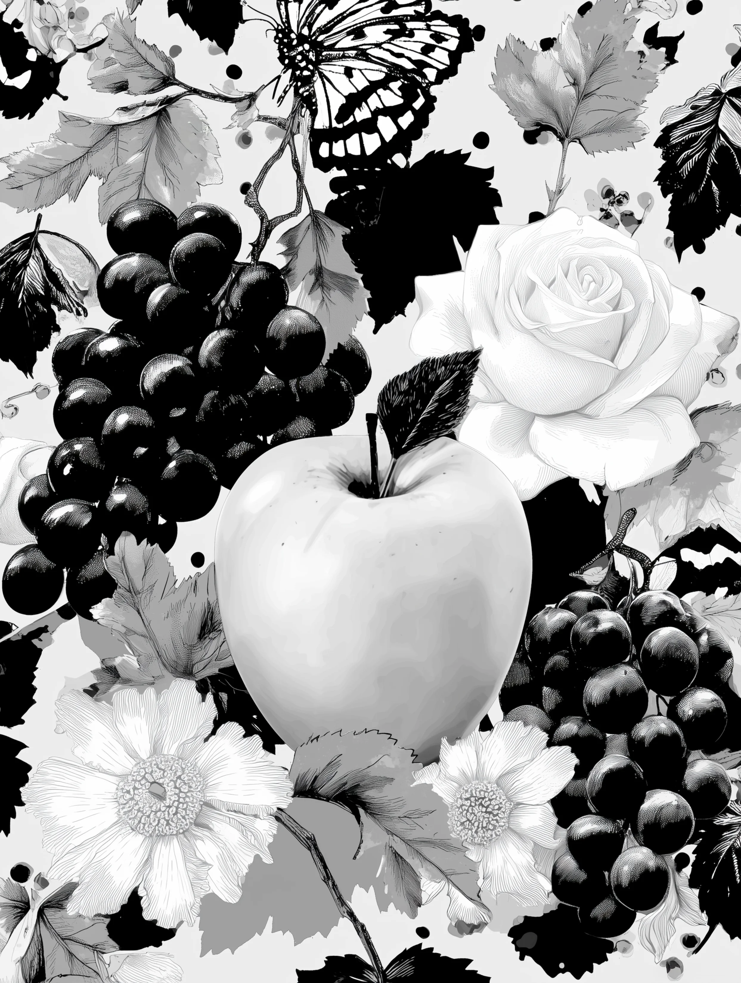 Free printable apple coloring page for adults featuring apple with grapes and flowers